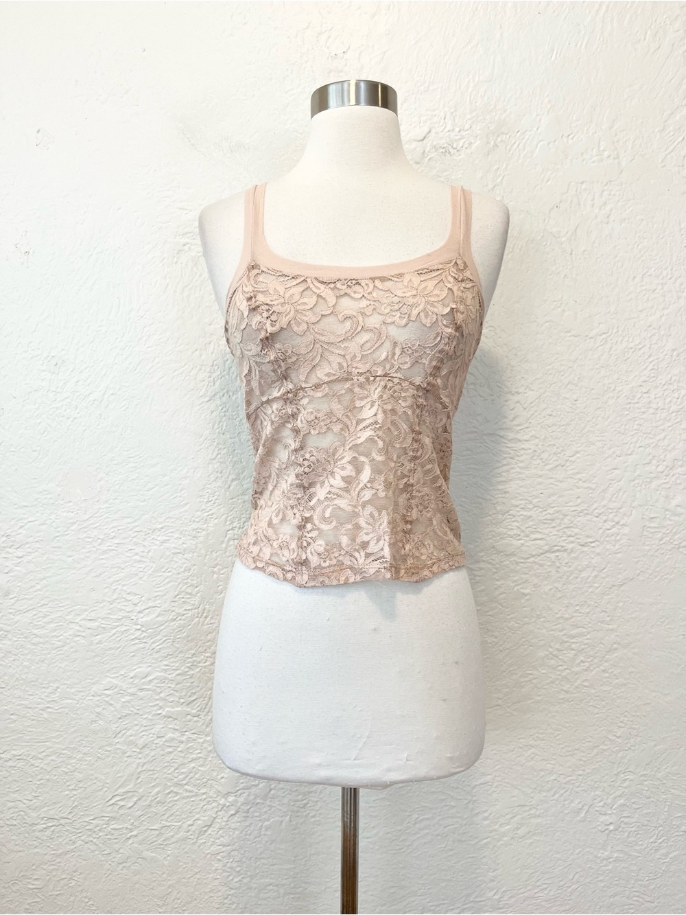 Victoria's Secret Vintage Y2K Cami Top Tank Beige Mesh Lace Sheer Coquette Small